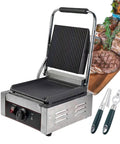 Heavy Duty Stainless Steel Commercial Electric Sandwich Grill And Bread Press with grooved plates and adjustable temperature.