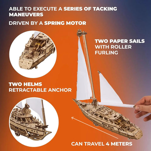 Serenity's Dream Model Yacht Kit Wind Up 3D Wooden Puzzle For Adults DIY Sailboat Model 17.3 Inch Tall Hands On Mechanical Boat Craft For Enthusiasts Great Gift shown with white sails and spring motor