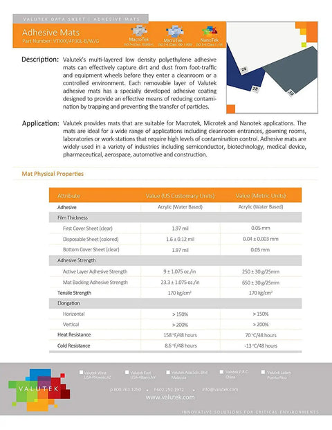 Valutek Blue LDPE Cleanroom Adhesive Mats For Entryways With Built Tough Peel And Reveal Sticky Floor Rolls 18 By 36 Inch data sheet.