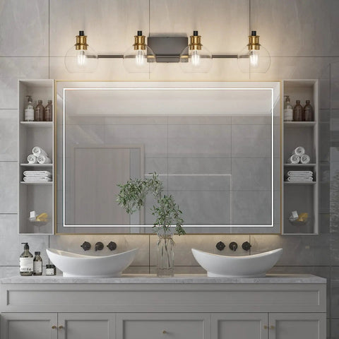 Upgrade Your Bathroom Vanity With Industrial Four Light Fixture In Vintage Black And Brass Finish With Clear Glass Globes For Farmhouse Bath Lighting Rust Resistant Metal Maximum Brightness Exclude Bulb