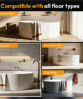 No Sweat Plug And Play Freestanding Tub Drain Kit With Brass Tailpiece shown with compatibility for wood, cement, ceramic tile, and concrete floors.