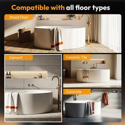 No Sweat Plug And Play Freestanding Tub Drain Kit With Brass Tailpiece shown with compatibility for wood, cement, ceramic tile, and concrete floors.