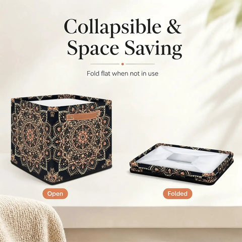 Open Retro Bronze Mandala Foldable Storage Cubes, 13 Inch polyester bin, collapsible for organizing clothes and blankets.
