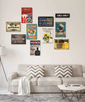 Living room with various metal tin signs on wall, including cheat sheet chart poster metal tin sign for garage workshop, 8x12 inch.