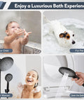 8.5 Inch Matte Black Shower Head With Handheld Spray Combo used by child, pet, woman, and in bathroom cleaning