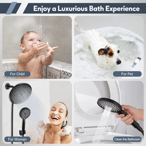 8.5 Inch Matte Black Shower Head With Handheld Spray Combo used by child, pet, woman, and in bathroom cleaning