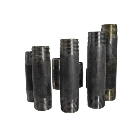 Pre Cut 1-1/4 Inch Black Coated Pipe Nipples Set Includes One Of Each Length From 2 To 6 Inches In 1/2 Inch Increments Ten Piece Assortment For Fast No Fuss Plumbing Projects, shown upright against white background, displaying different lengths and threaded ends.