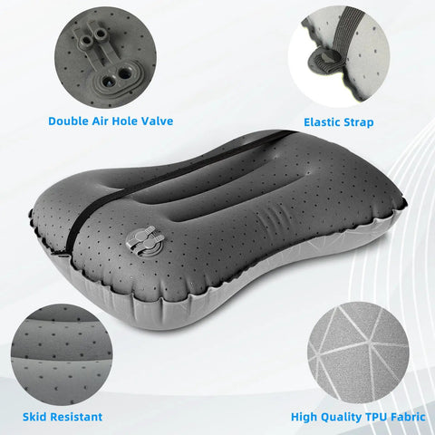 Ultralight Inflatable Camping Pillow For Backpacking And Air Travel With Lumbar Support, ergonomic with double air valve and strap
