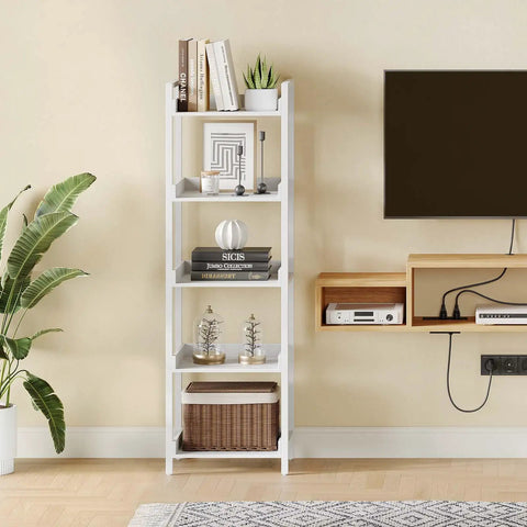 Hefty Capacity White Five Tier Bookshelf With Secure Lip Barriers Compact Wooden Storage Rack And Clean Open Display Shelves Go To Room Essential For Modern Homes
