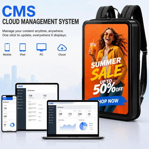 Hella Bright 21 5 Inch Lcd Backpack Mobile Ads Watertight Walkaround displaying summer sale on vibrant LCD screen outdoors.