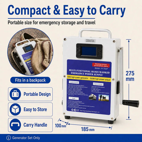 Crank Powered Portable Hand Crank Generator Emergency Power Station with 150W and 500W selectable output for off grid use.