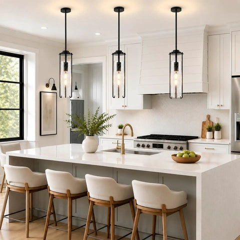 SeeU 2-Pack Black Pendant Light Kitchen Island, Crackle Glass Light Fixture above white kitchen island with modern decor.