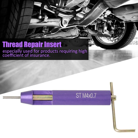 Stainless Steel Helicoil Thread Repair Kit Set For M4 X 2D Screws, close-up on thread insert tool with automotive background.