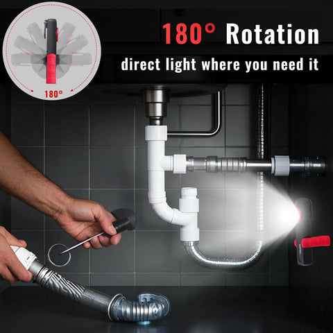 Rechargeable Detailing Light With Magnetic Base And Hook illuminating plumbing under a sink, showcasing its 180° rotation feature.