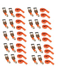 Heavy Duty Ratchet Straps 15 Foot By 1.5 Inch Cargo Tie Down Bands arranged in a grid, featuring bright orange webbing and metal buckles.