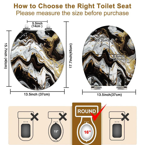 Marble Vein Round Resin Toilet Seat for Bathroom with dimensions 15.7" x 13.5"; features measuring guide for compatibility.