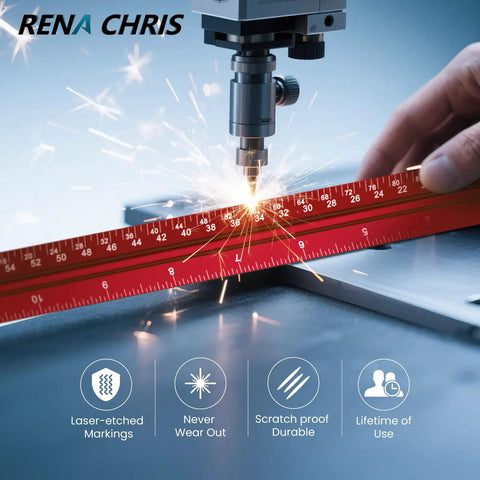 Tough As Nails 12 Inch Triangular Architectural Scale Ruler Made From Heavy Duty Aluminum in use with laser engraving.