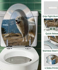 Elongated Toilet Seat Decorative Bathroom with a dog print, fitting most toilets, features stainless steel hinges and grip-tight bumpers.