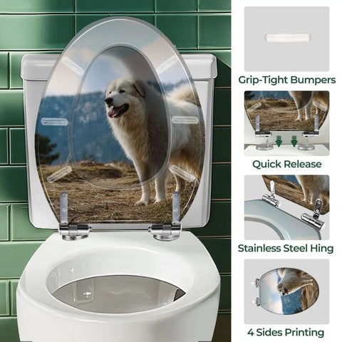 Elongated Toilet Seat Decorative Bathroom with a dog print, fitting most toilets, features stainless steel hinges and grip-tight bumpers.