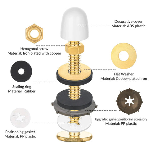 Heavy Duty Toilet Floor Bolt Kit With Caps Nuts Washers And Rings, 16 Piece Flange Repair Set showing assembled hardware components.