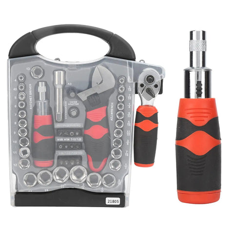 All In One 45Pcs Socket Wrench Set With Multipurpose Ratchet And Screwdriver Bit Kit in storage box, showing tools and bits.