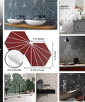 Hexagon Tile Peel And Stick Backsplash Kit, White Slate PVC Sheets shown in various kitchen and bathroom layouts.