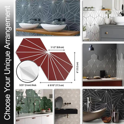 Hexagon Tile Peel And Stick Backsplash Kit, White Slate PVC Sheets shown in various kitchen and bathroom layouts.