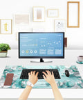 Dope Large 4 In 1 Mouse Pad Desk Pad Set With Keyboard And Mouse Wrist Rests XXL 35 By 15 Inch Non Slip Base Teal Butterfly Design