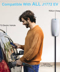 Person using Tesla To J1772 Charging Adapter Connector on an electric vehicle for charging, demonstrating compatibility.