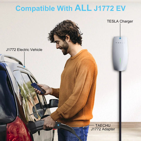 Person using Tesla To J1772 Charging Adapter Connector on an electric vehicle for charging, demonstrating compatibility.