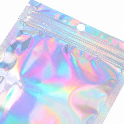 100 Pack Holographic Jewelry Bags With Clear Window Resealable Self Sealing Packaging For Jewelry Candy Snacks And Small Biz Gifts