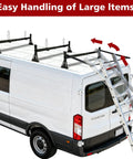 Heavy Duty Van Ladder Rack With Side Rollers And Cargo End Stops For Ford Transit Nissan Vans, mounted on van roof with ladder.