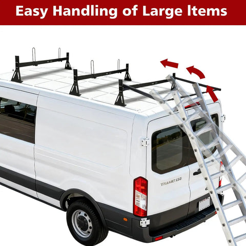 Heavy Duty Van Ladder Rack With Side Rollers And Cargo End Stops For Ford Transit Nissan Vans, mounted on van roof with ladder.