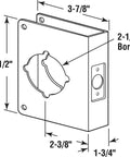 Diagram of stainless steel lock and door reinforcement plate for one and three quarter inch doors with dimensions