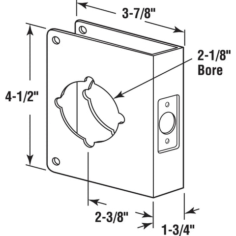Diagram of stainless steel lock and door reinforcement plate for one and three quarter inch doors with dimensions