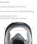 Front view of Full Facepiece Respirator For Tough Jobs Niosh Approved Small Size with clear polycarbonate lens and vision arrows.