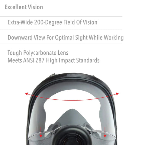 Front view of Full Facepiece Respirator For Tough Jobs Niosh Approved Small Size with clear polycarbonate lens and vision arrows.
