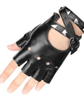 Womens Dope Edgy Punk Fingerless Leather Gloves Featuring Chill Ride Ready PU Half Finger Design With Grippy Wrist Wrap For Motoring Night Rides And Casual Hangout Wear, black PU leather with studded wrist.