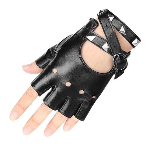 Womens Dope Edgy Punk Fingerless Leather Gloves Featuring Chill Ride Ready PU Half Finger Design With Grippy Wrist Wrap For Motoring Night Rides And Casual Hangout Wear, black PU leather with studded wrist.