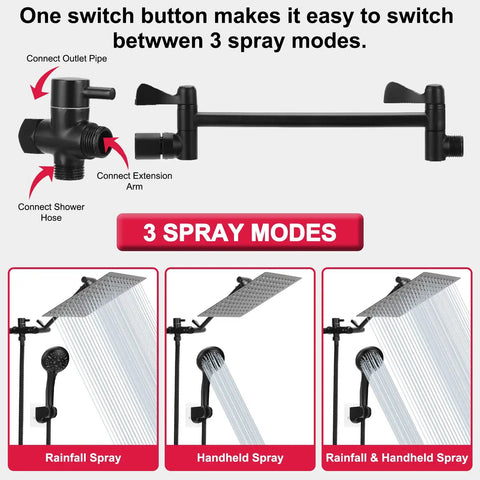 Infographic showing 3 spray modes of 10 Inch High Pressure Rainfall Shower Head Kit With 11 Inch Adjustable Arm And 9-Setting Handheld