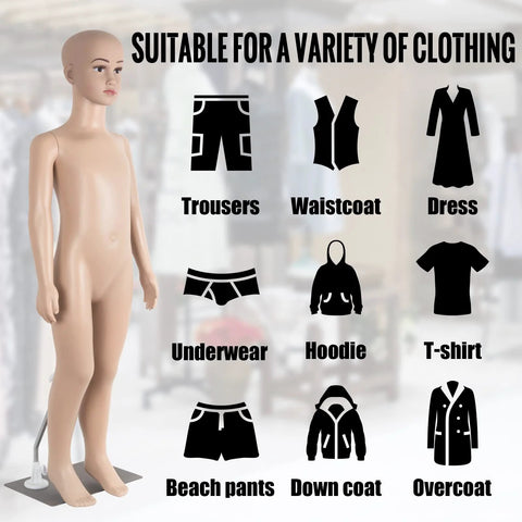 43.3-inch height child mannequin on metal base; full-body dress form with adjustable, detachable head, gender-neutral