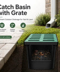 Rugged Heavy Duty Catch Basin With Grate And Debris Basket For Outdoor Drainage System installed in yard with downspout