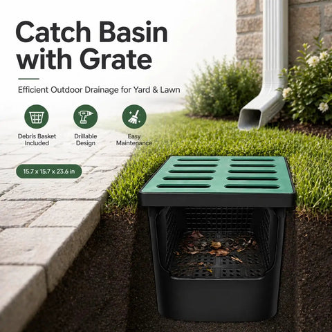 Rugged Heavy Duty Catch Basin With Grate And Debris Basket For Outdoor Drainage System installed in yard with downspout