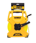 Heavy Duty 300 Ft Fiberglass Tape Measure With Fast Rewind 2X Strong Hook Connection, yellow casing and black crank.