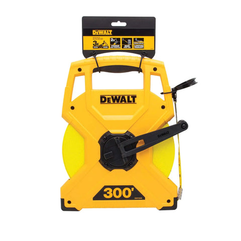 Heavy Duty 300 Ft Fiberglass Tape Measure With Fast Rewind 2X Strong Hook Connection, yellow casing and black crank.