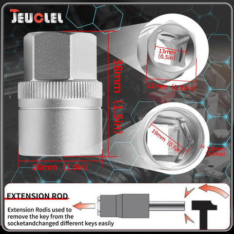 Close-up of metal socket from 22 Piece Wheel Locking Nut Key Kit For Audi 2002 2012 With Universal Socket Adapters Anti Theft Lug Nut Removal Tool Set All In One For Easier Wheel Security And Quick Tire Servicing, with measurements and extension rod diagram.