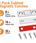Ultra Slim Magnetic Cabinet Door Catch Set Of 8 With Strong Self Adhesive Mounting components and packaging details.