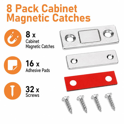Ultra Slim Magnetic Cabinet Door Catch Set Of 8 With Strong Self Adhesive Mounting components and packaging details.