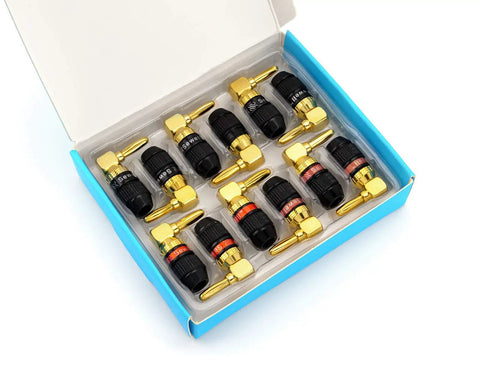 Box of 6 pairs Right Angle Banana Plugs, Gold Plated Speaker Plugs, 90 Degree Quick Connect, Fast Lock for reliable connection