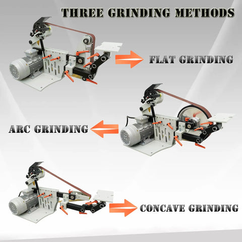 Pro Level Heavy Duty Belt Sander And Knife Grinder With Variable Speed Control, smooth rolling grinding wheel, showing flat, arc, and concave grinding methods.
